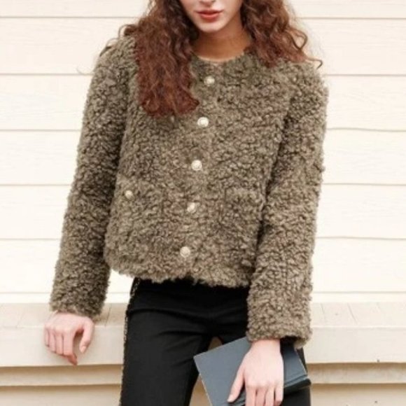 Brown Teddy faux fur Button Down with Pockets  Jacket Coat - Picture 2 of 7